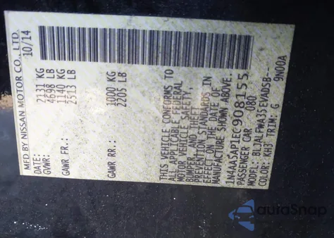 2014 Nissan Maxima 3.5 Sv from USA, damaged, VIN 1N4AA5AP1EC908155